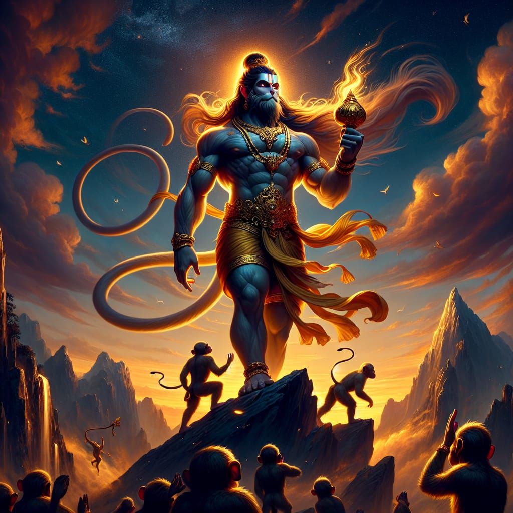 Lord Hanuman with Golden Light and Monkeys