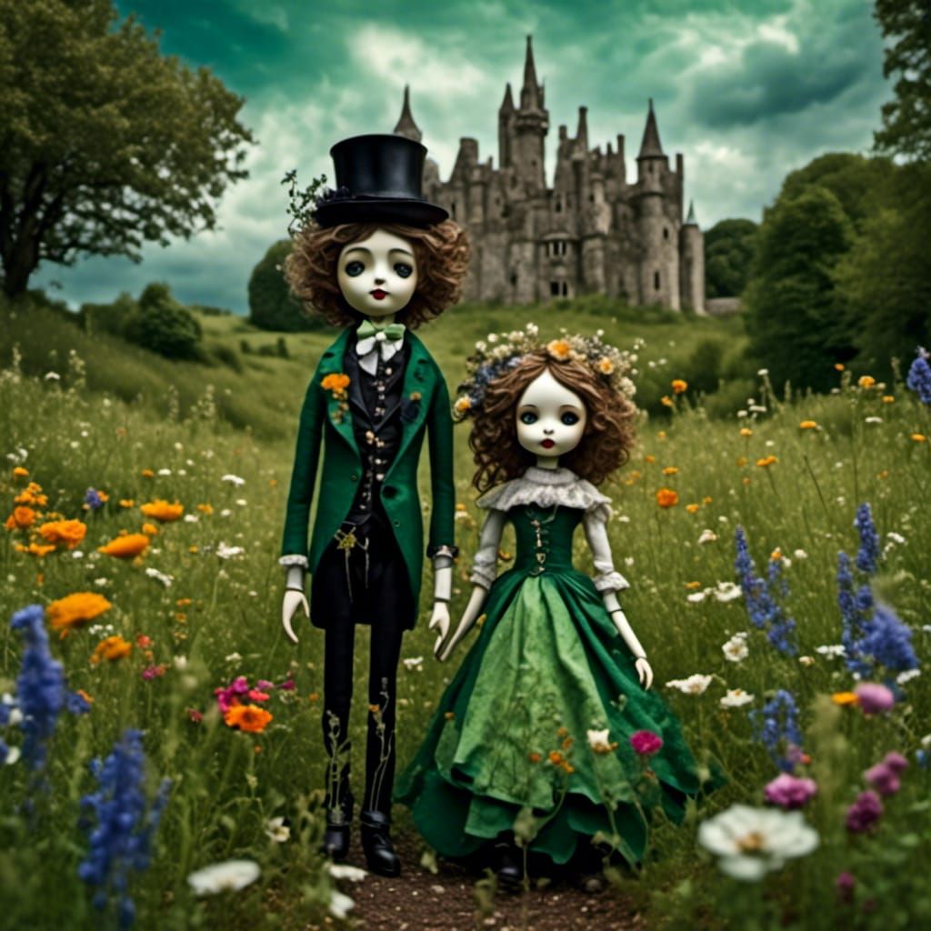 Gothic Dolls in English Meadow: 3D Photorealism