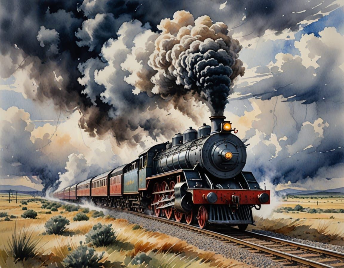 Steam Train Rides Across a Stormy Wild West Landscape in Wat...