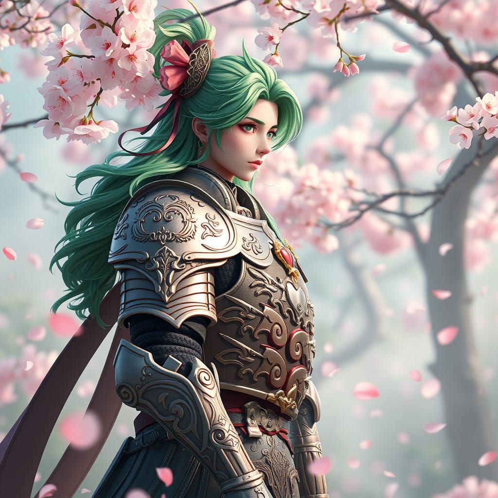 Spring Knight in Vibrant Green Hair with Cherry Blossoms Det...