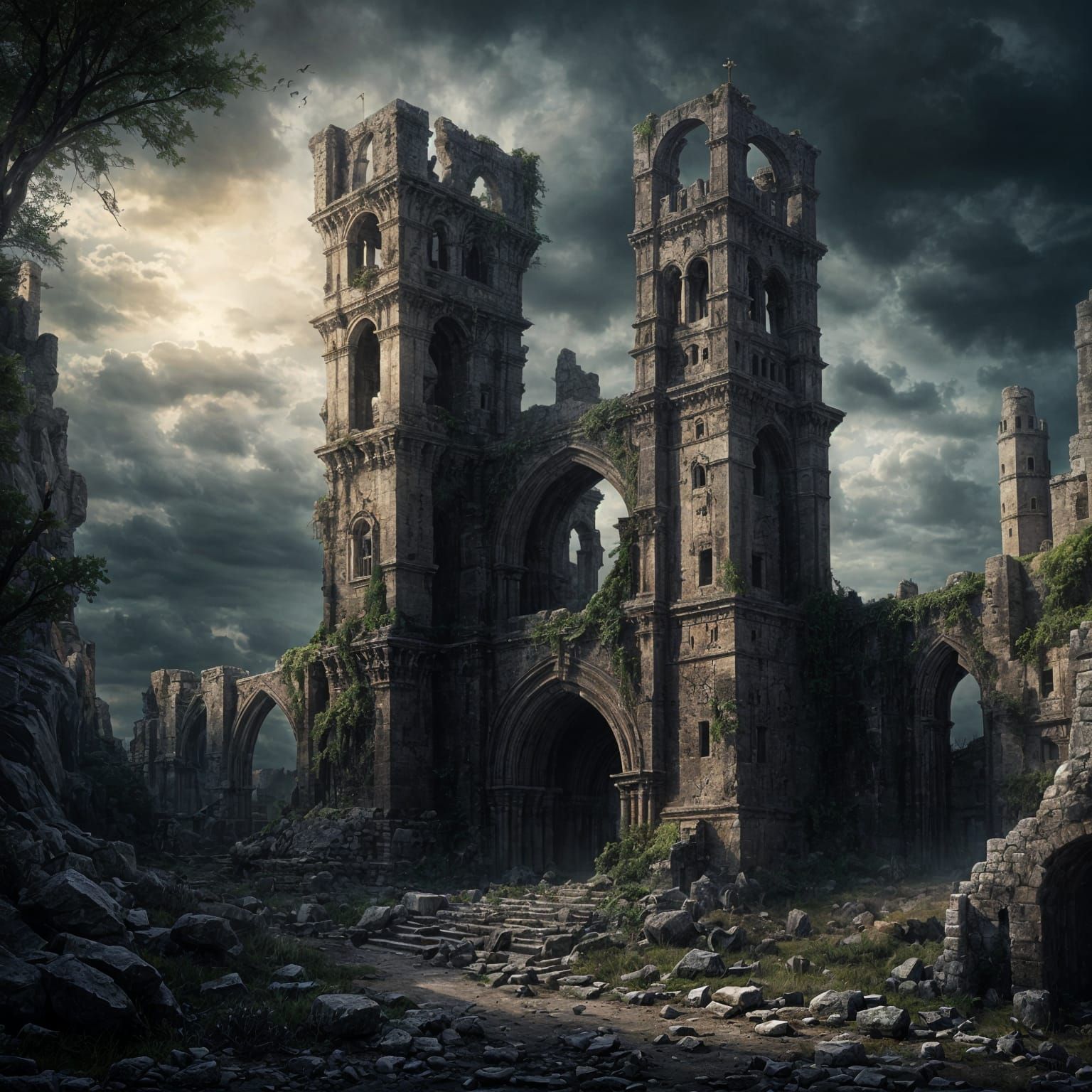 Dark Fantasy Tower Ruins in Medieval Spanish Style