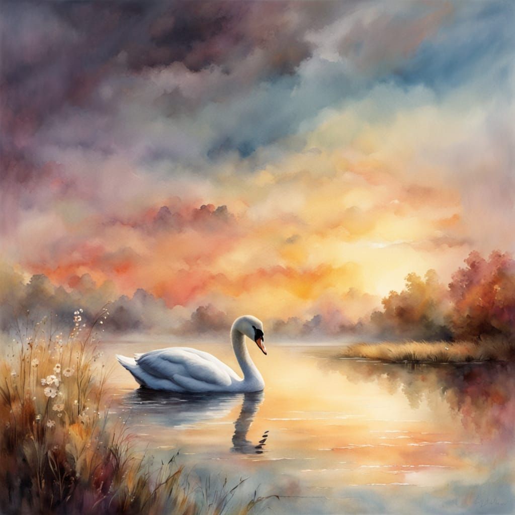 Serene Watercolour Landscape with Gliding Swan at Sunset