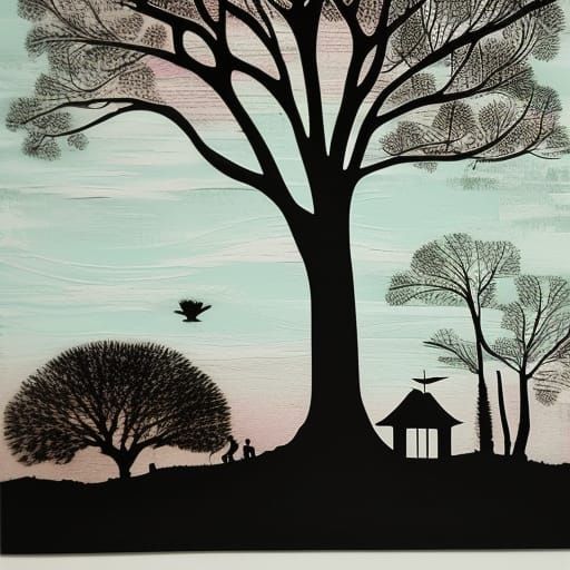 Glowing Dusk Treehouse in Gelli Print Style