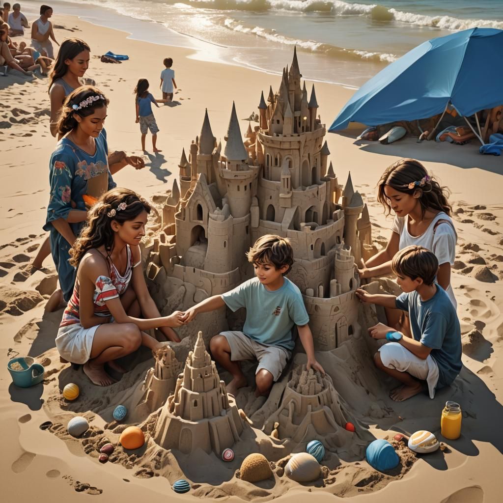 Family Builds Sandcastle: Art Nouveau Portrait