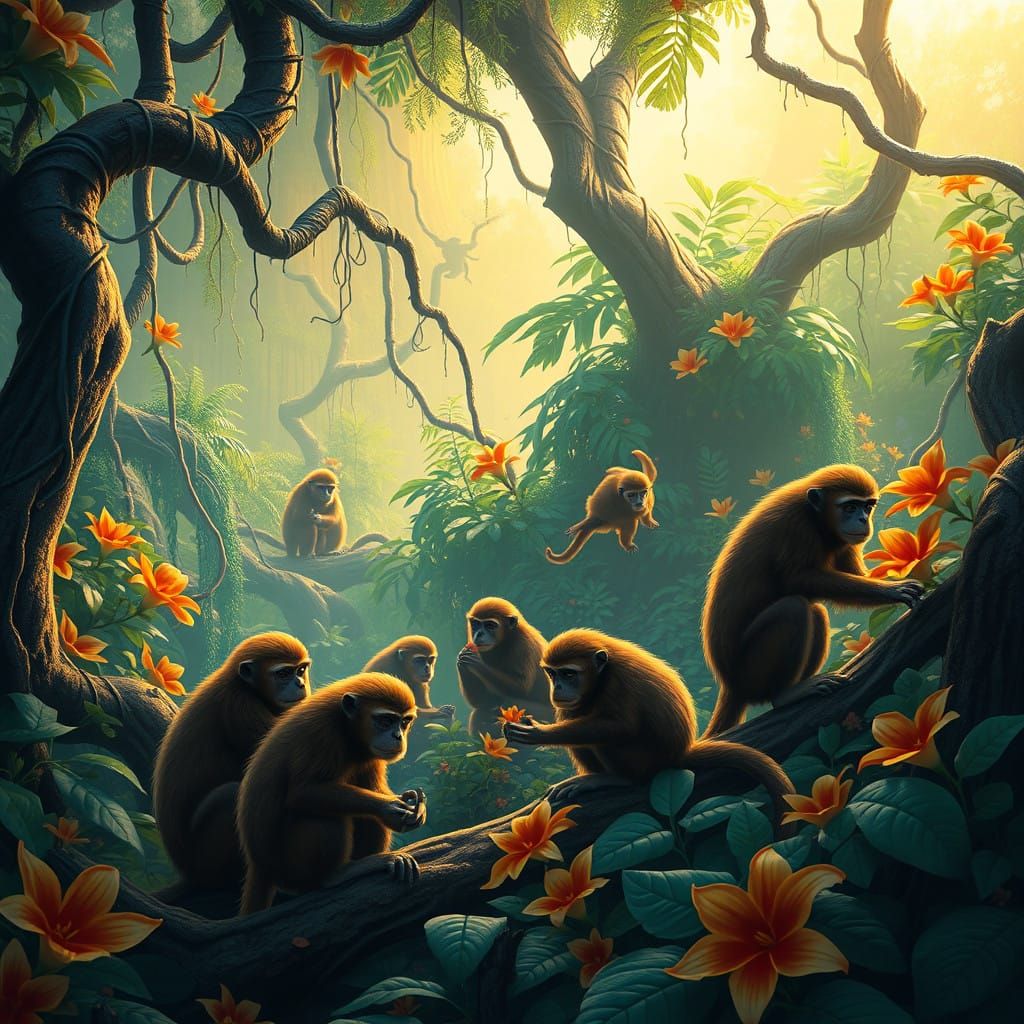 Surreal Jungle Scene with Capuchin Monkeys in a Matte-Painte...