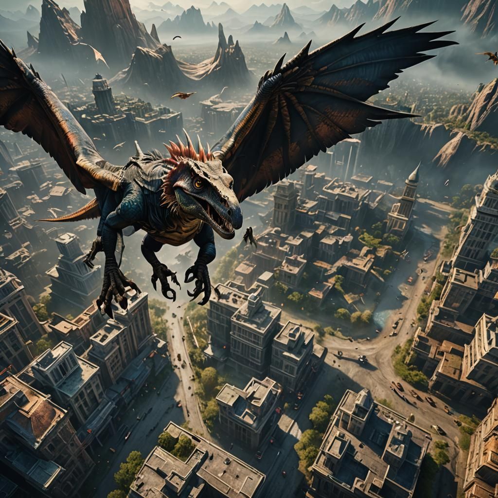 Velasraptor Soaring Above People: Fantasy Concept Art