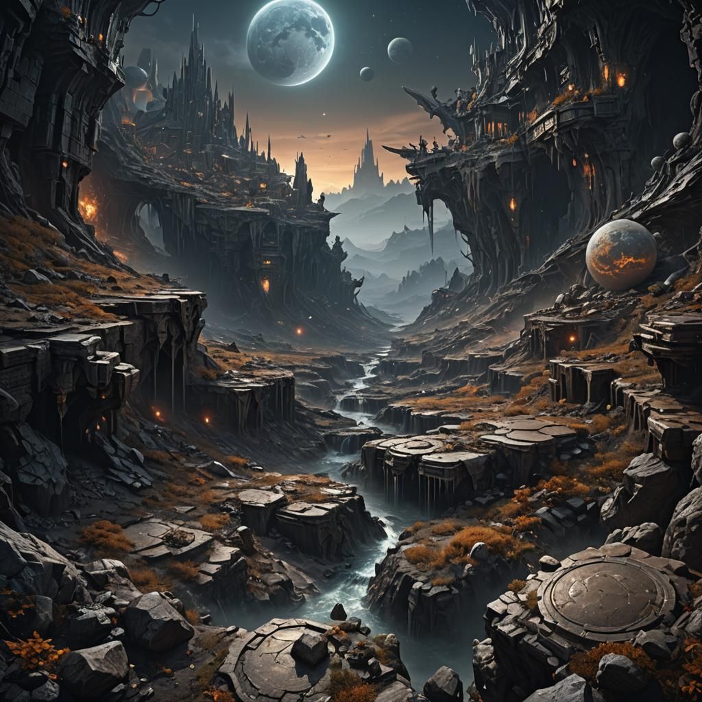 Dark Fantasy Planets and Moons in Volumetric Lighting