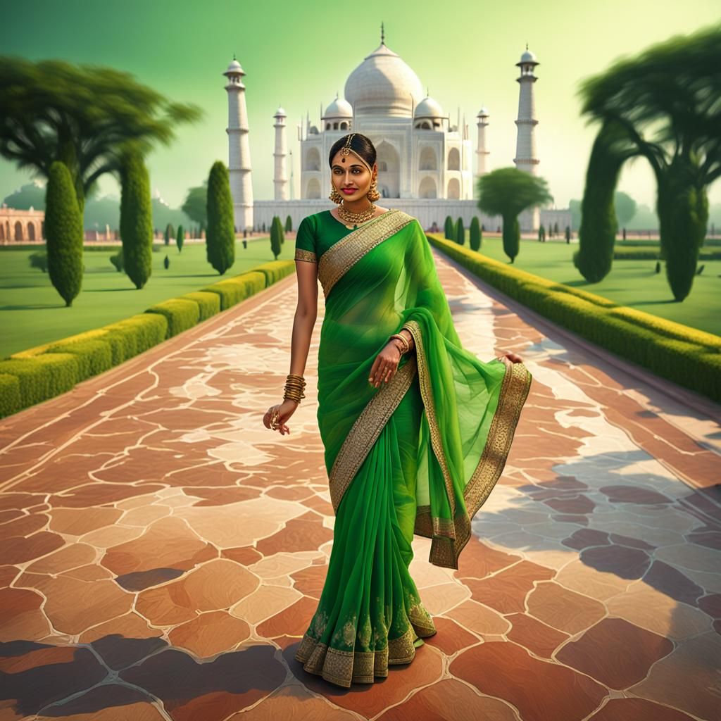 Indian Woman in Green Saree at Taj Mahal