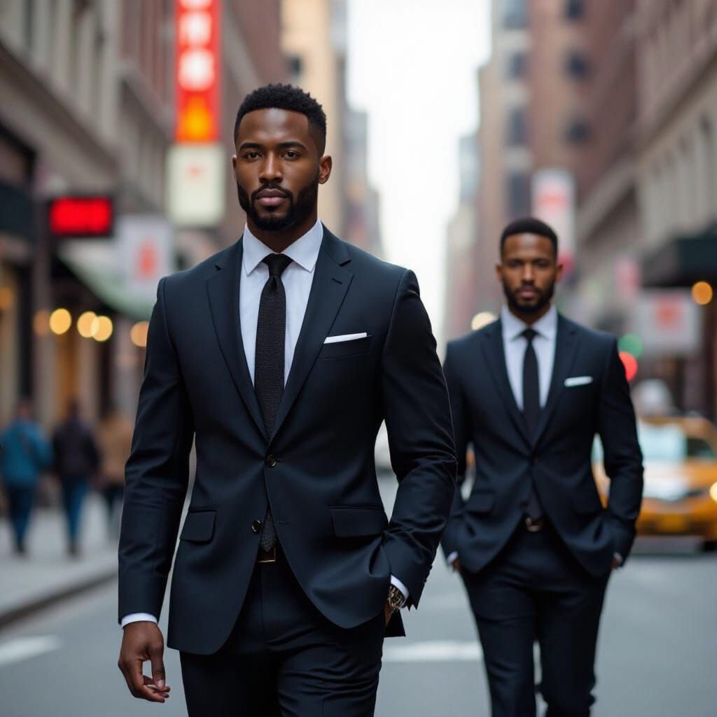 Stylish Black Men in Suits Walking City Streets