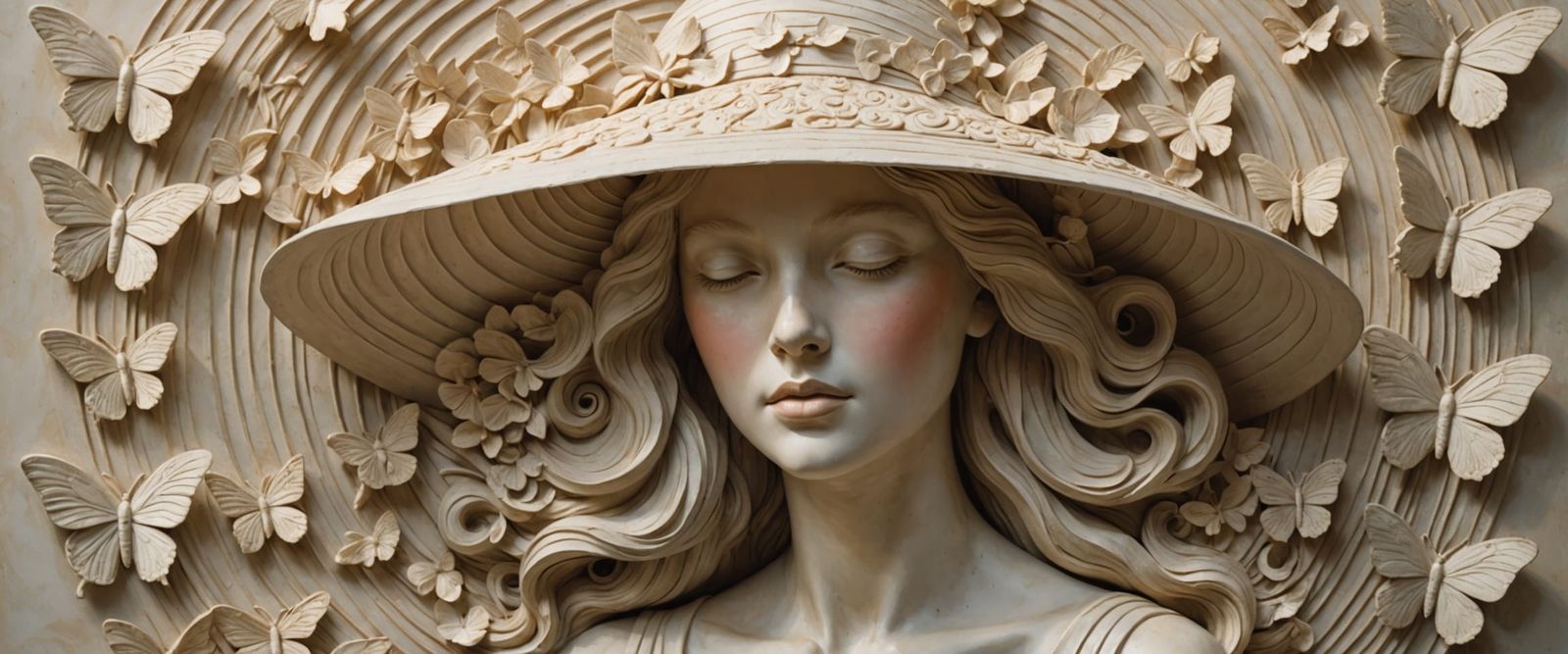 Pastel Plaster Relief Sculpture of Woman with Butterflies