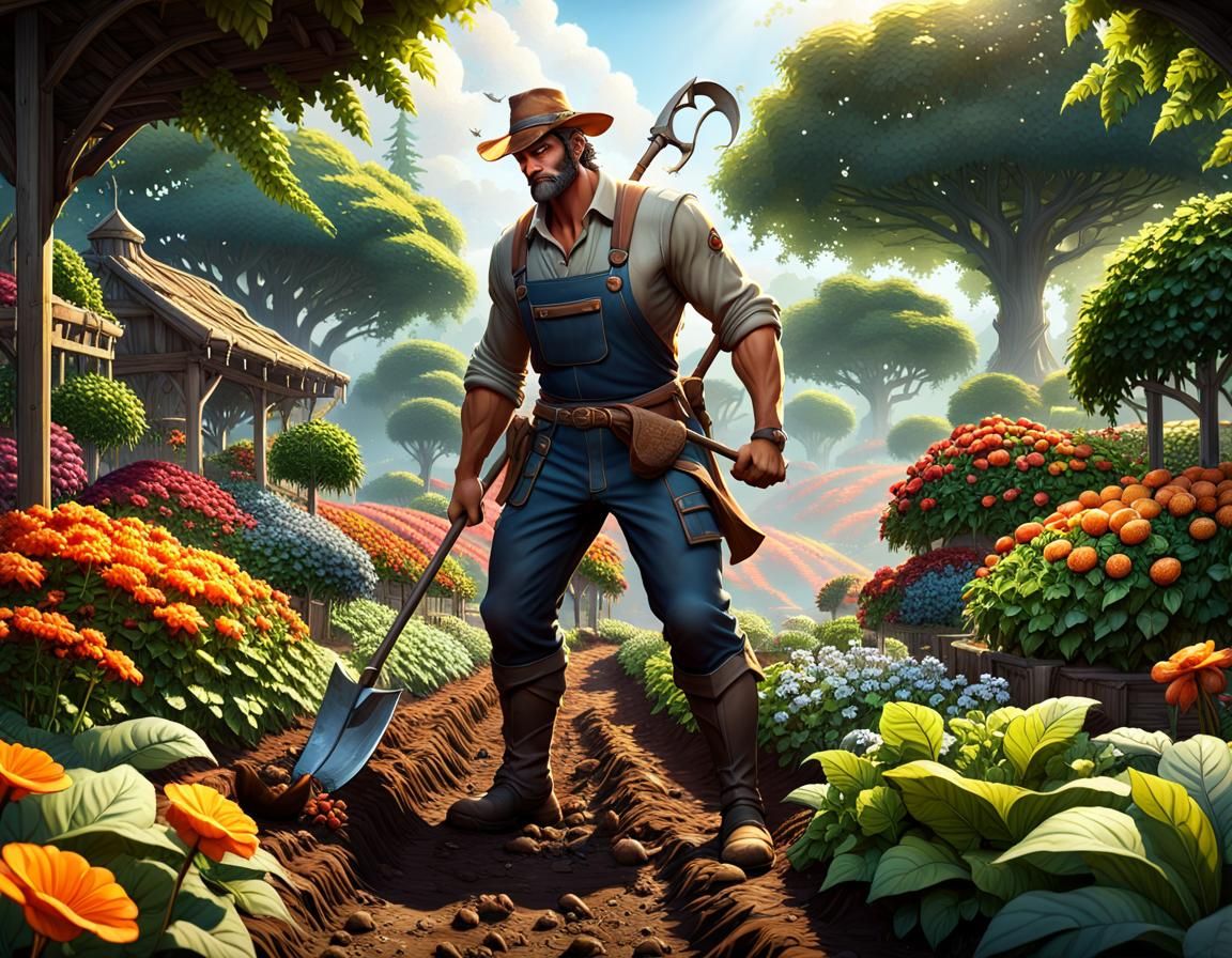 Farmer Hoeing Garden in Fantasy Art Style