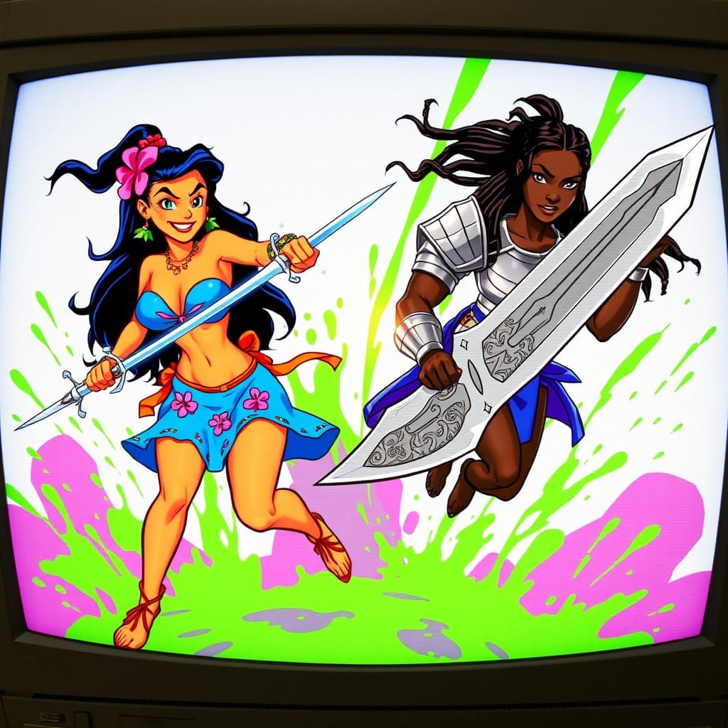 Retro Cartoon Warriors in Mid-Action