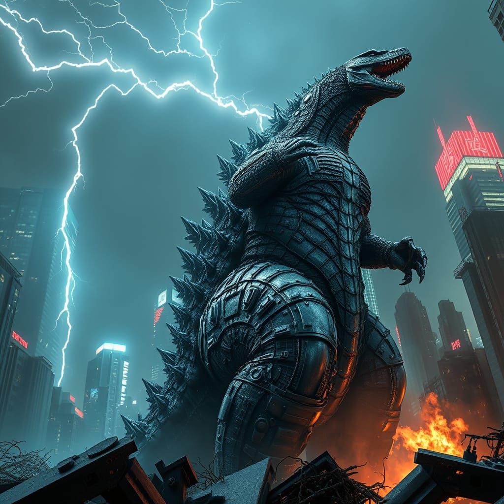 Godzilla Unleashes Cybernetic Fury on a Ruined Cityscape