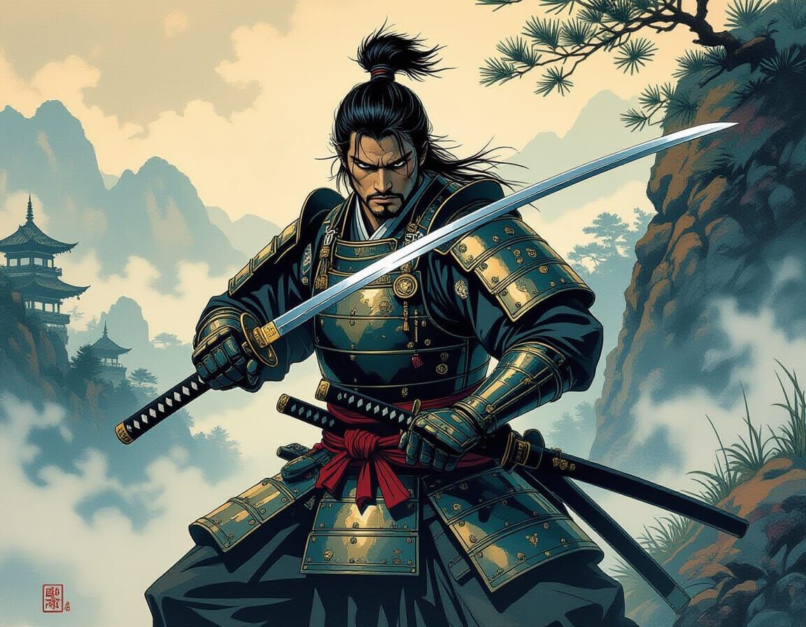 Samurai Warrior Draws Katana in Misty Landscape