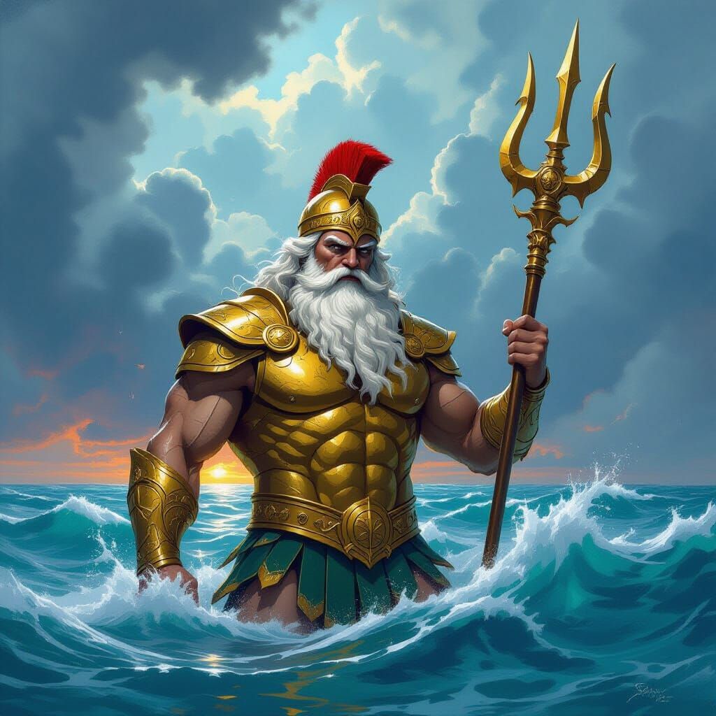 Poseidon Tattoo in Stormy Sea, Detailed Textures