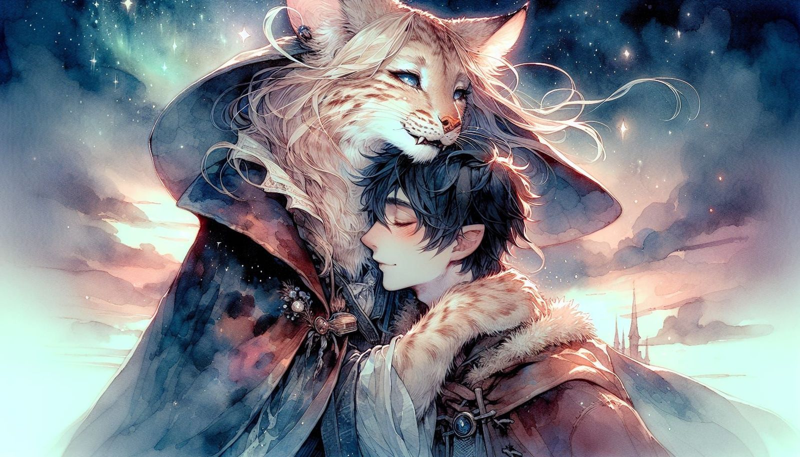 Lynx and Man Embrace in Dreamlike Watercolor