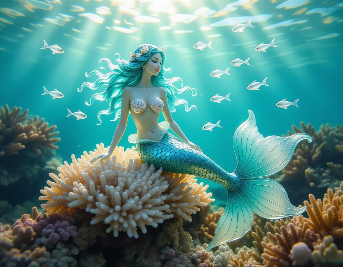 Whimsical Mermaid Sculpture of Frosted Sea Glass