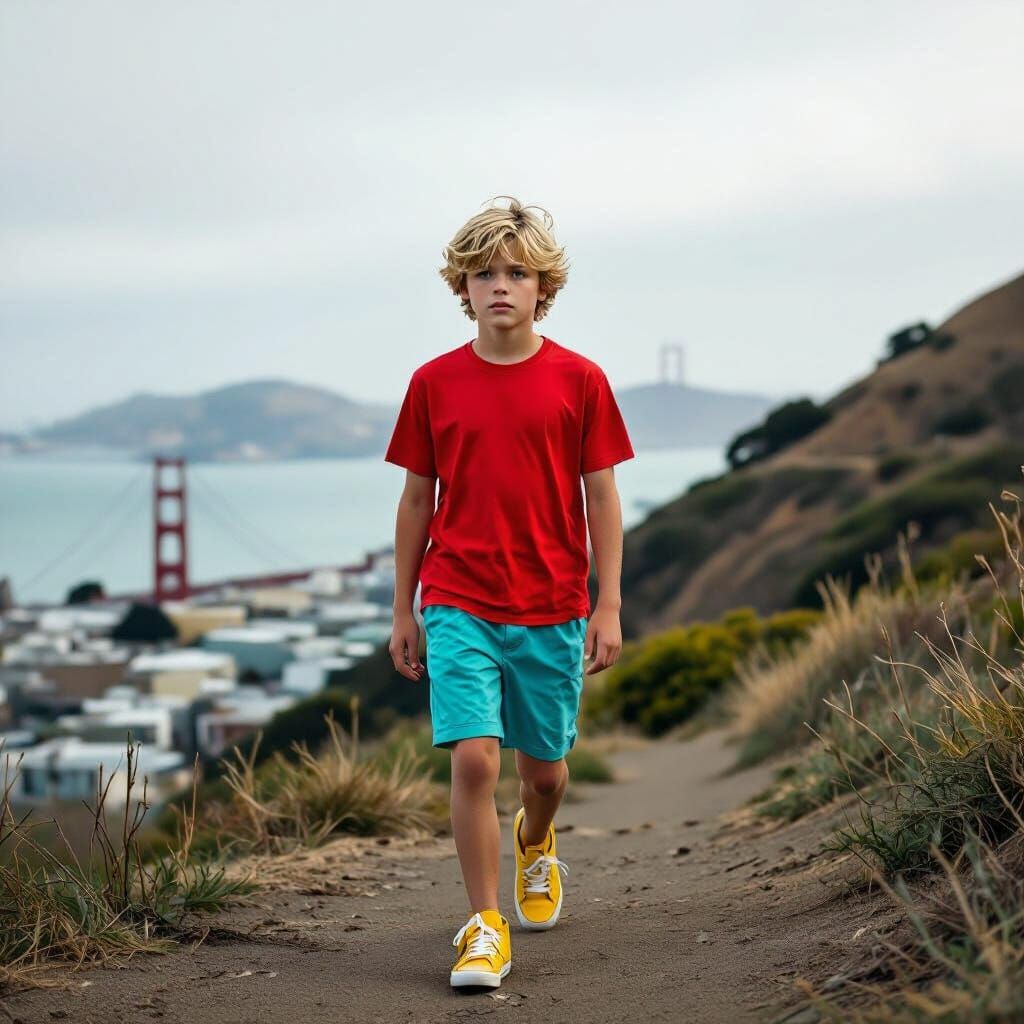 Teenage Boy Walks Uphill in San Francisco