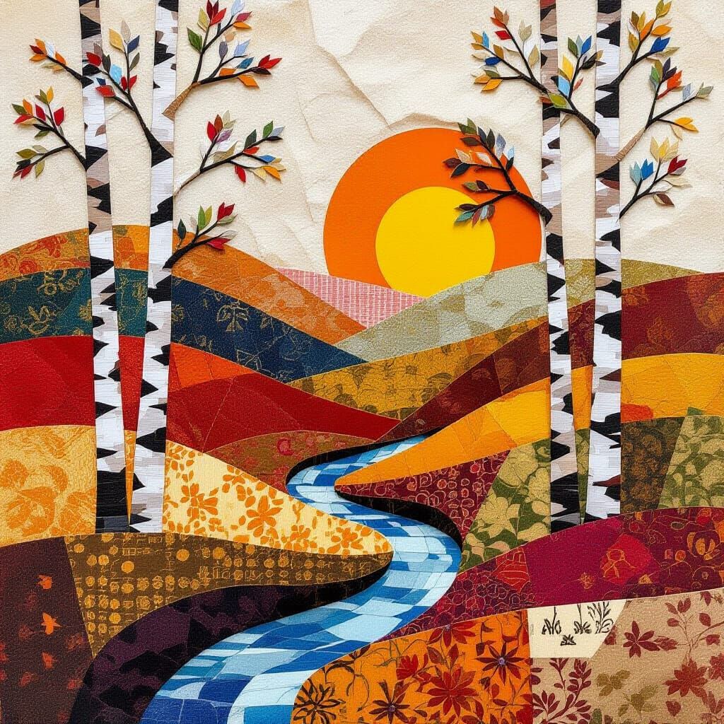 Textured Autumn Fabric Collage Landscape with Sunrise