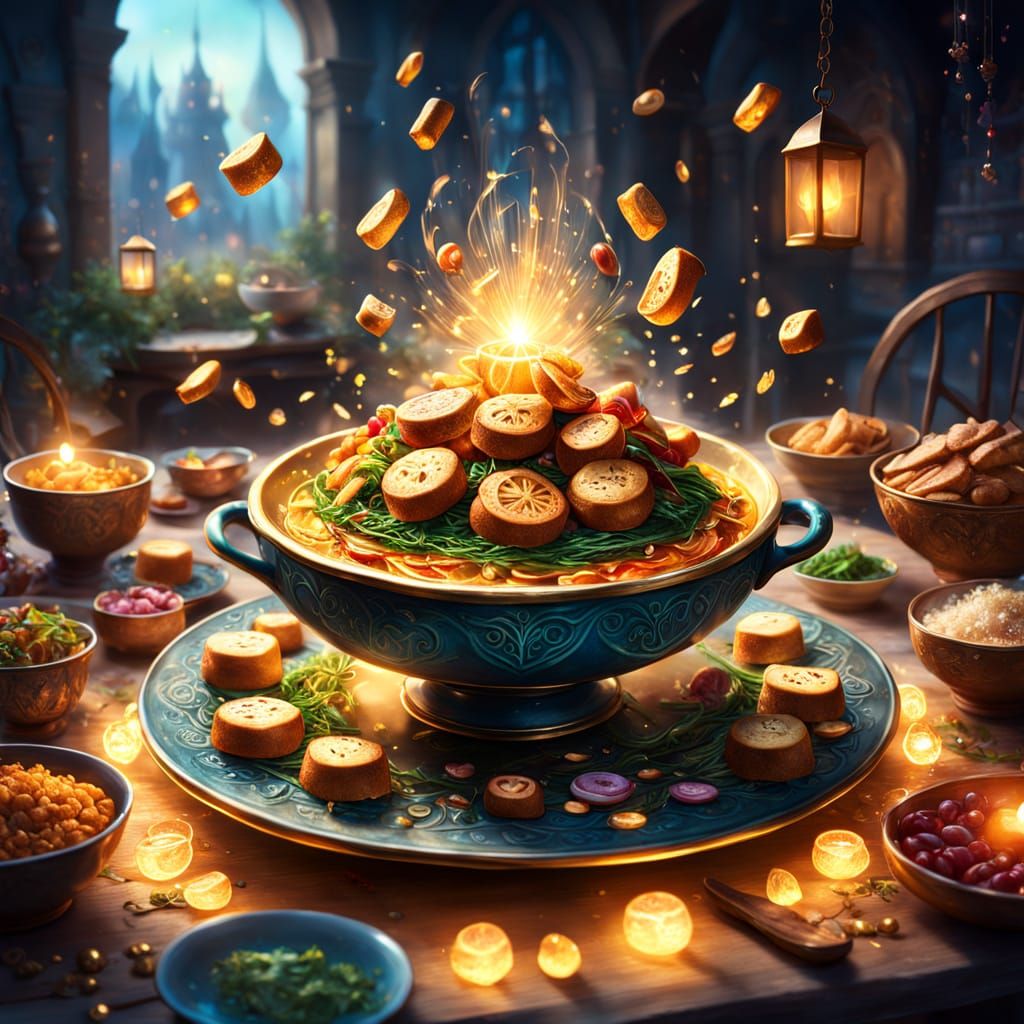 Magical Levitating Food Scene with Golden Light