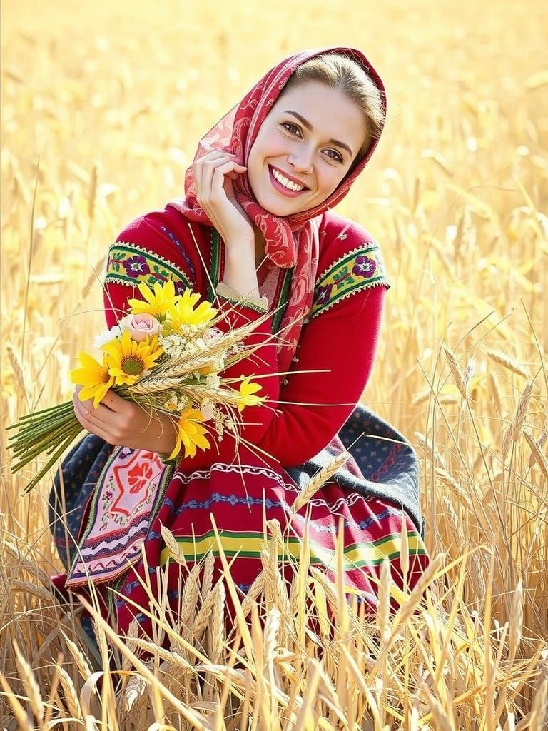 Young Woman in Embroidered Dress in Golden Wheat Field