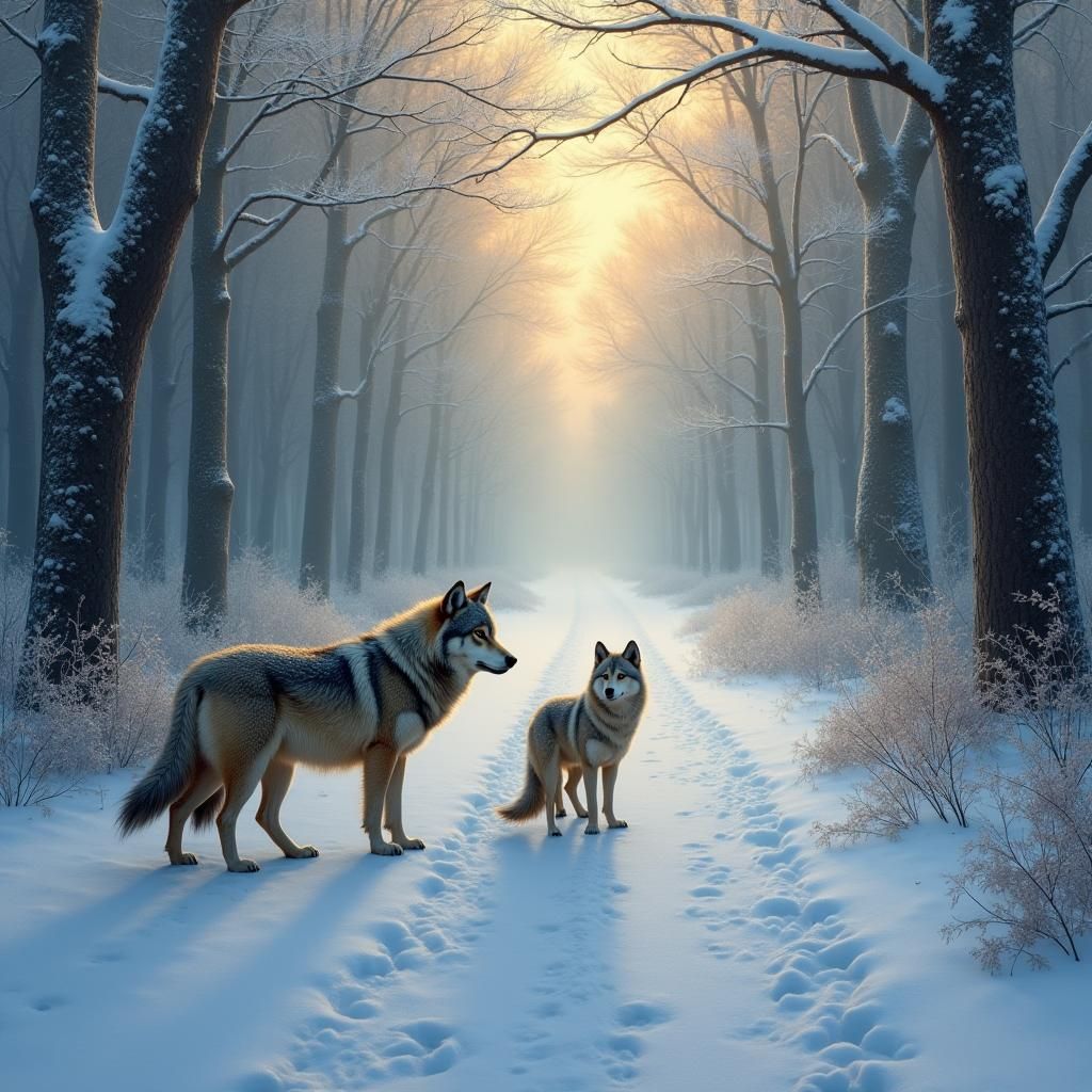 Wolves in Snowy Forest, Romantic Landscape