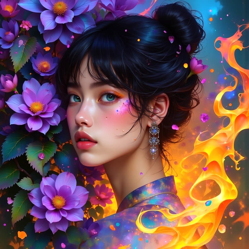 Ethereal Beauty Amidst Vibrant Flames and Blooms