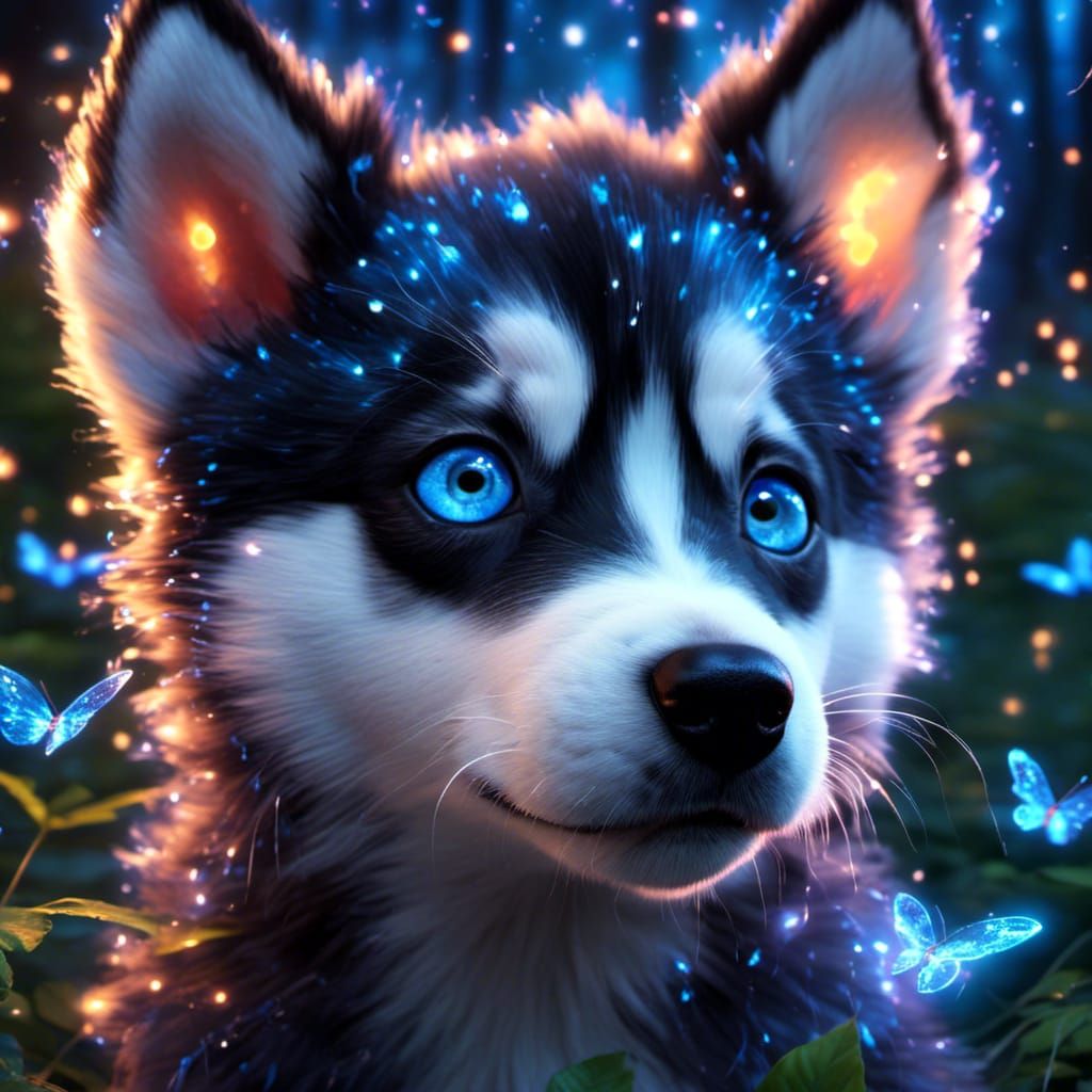 Adorable Husky Puppy in Bioluminescent Forest