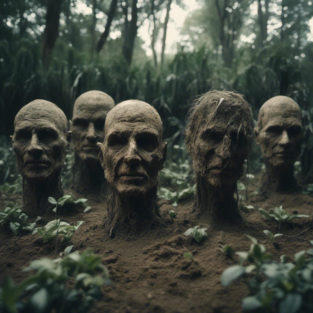 Macabre Human Heads Sprout in Garden: Cinematic Still