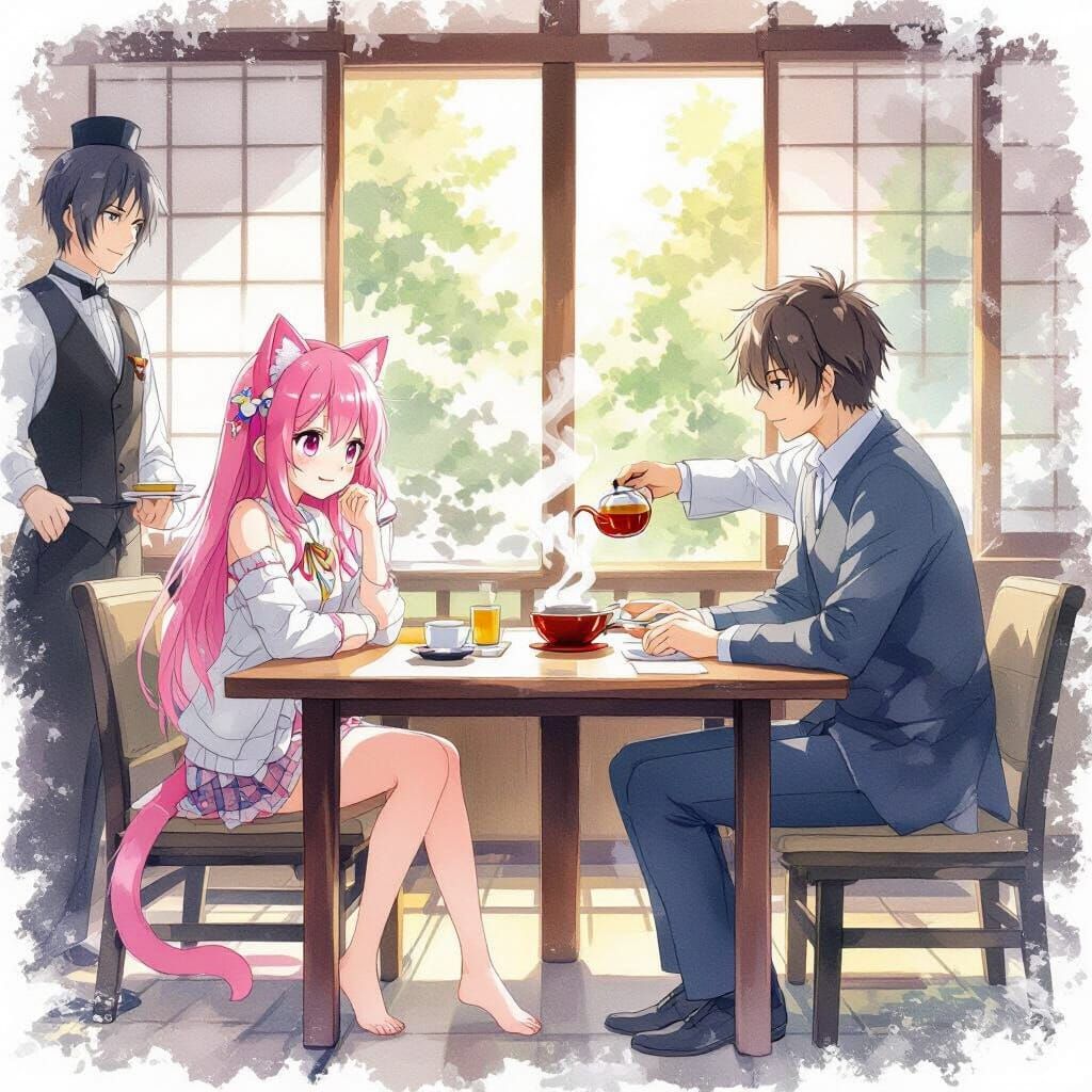 Anime Catgirl Tea Party in Watercolor Style