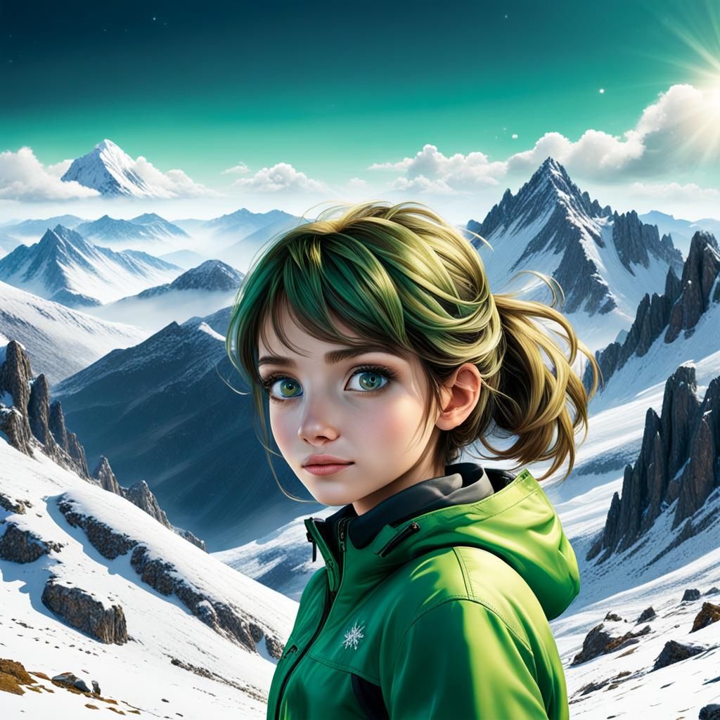 Snowy Mountain Landscape with Beautiful Woman in 3D