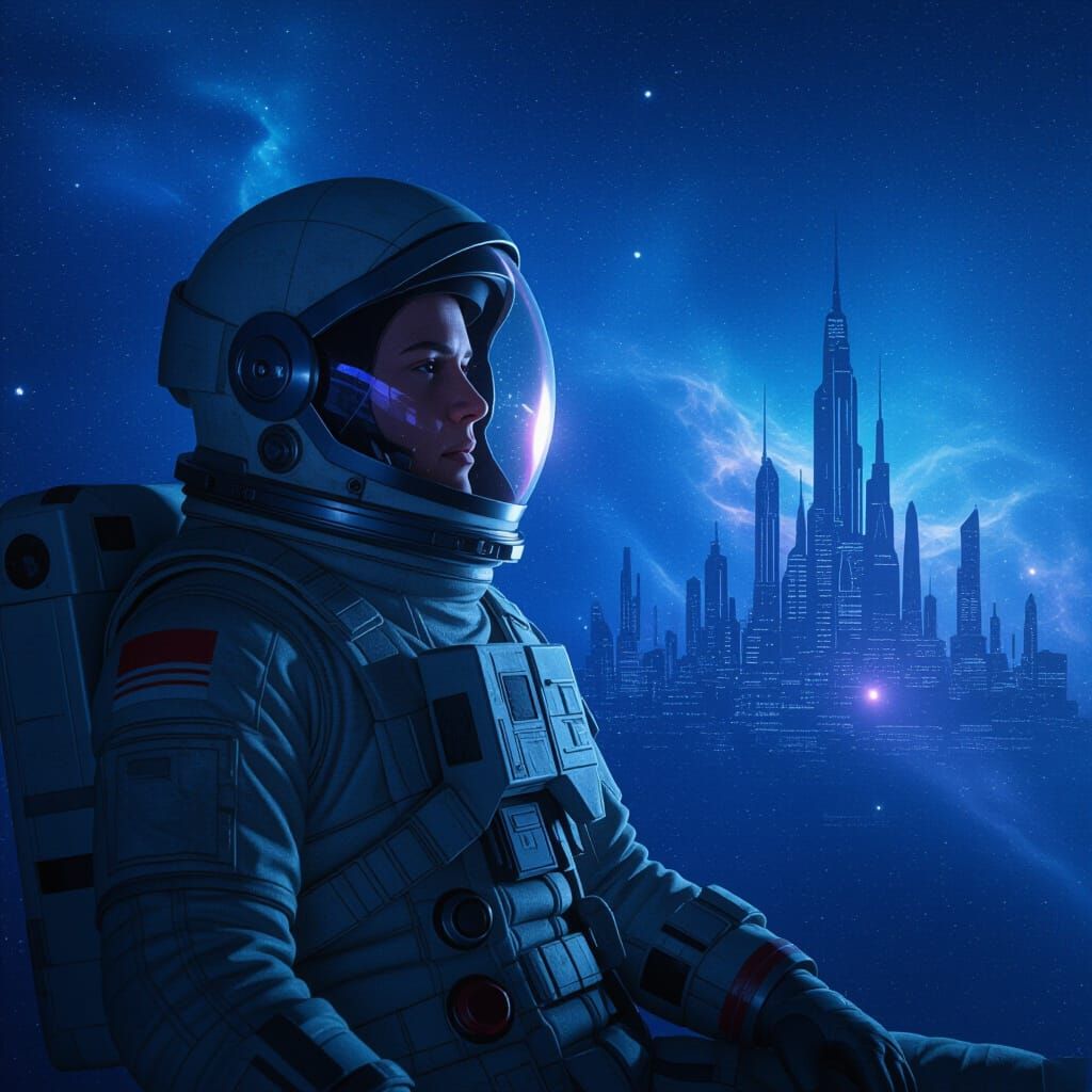 Astronaut Adrift in Nebula Reflecting Alien City