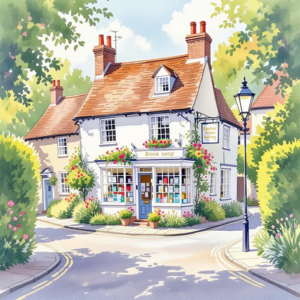 Delicate Watercolour Painting Of A Quaint English Book Shop