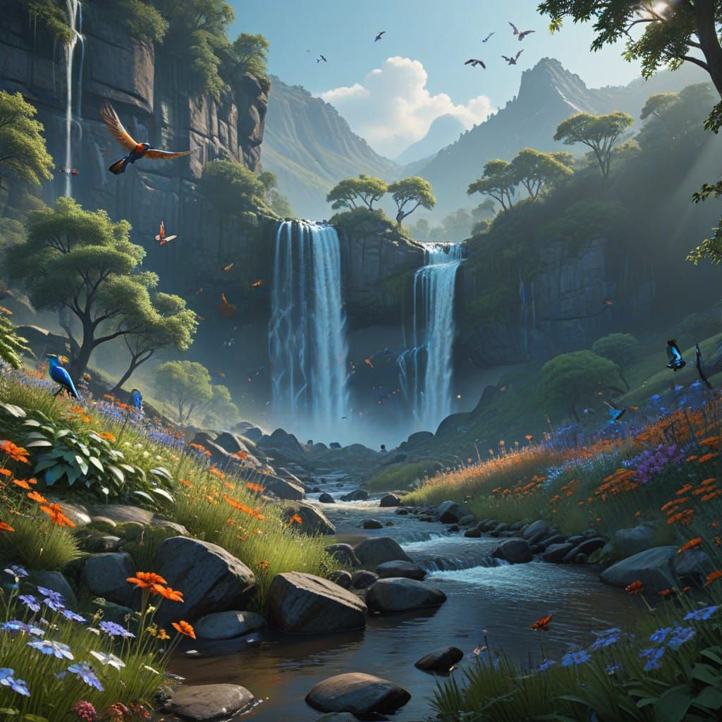 Ethereal Waterfall Scene in Photorealistic Style