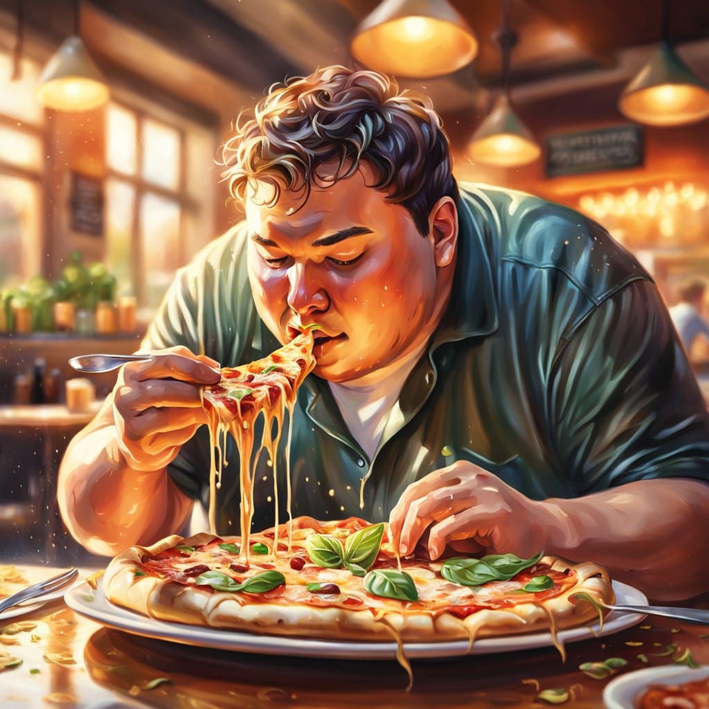 Boy Enjoying Pizza: Warm Oil Painting Food Illustration