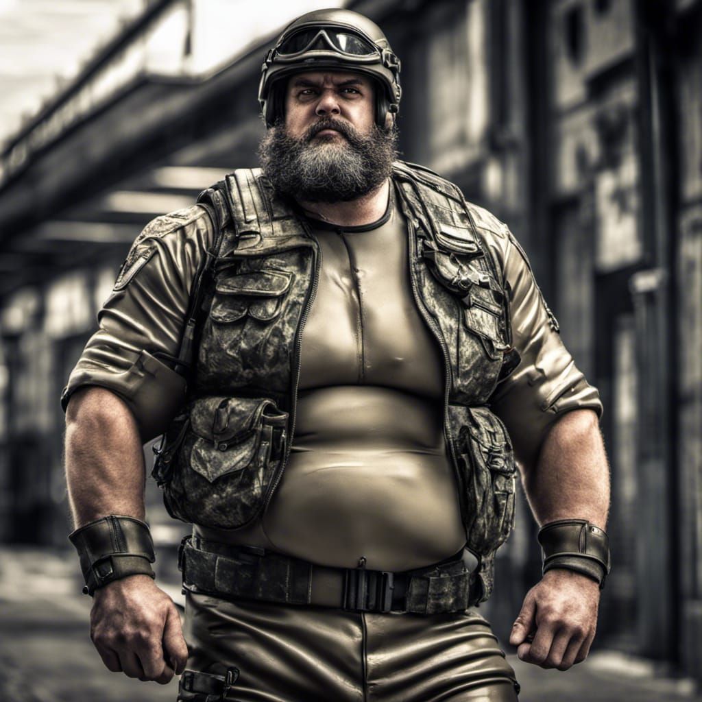 Hyperrealistic Military Man in Latex Uniform