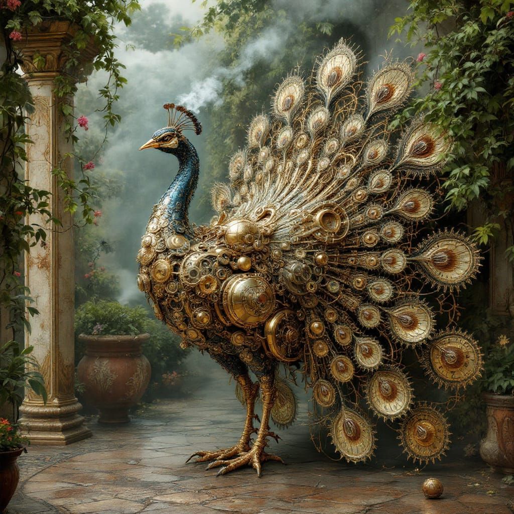 Steampunk Peacock with Brass Gears in Victorian Garden