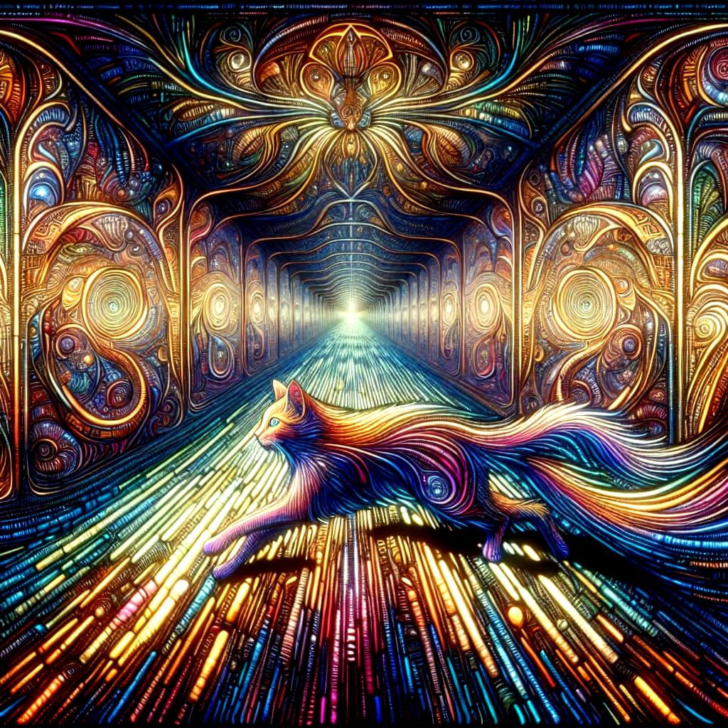 Gilded Cat Races Through Luminescent Tribal Tunnels