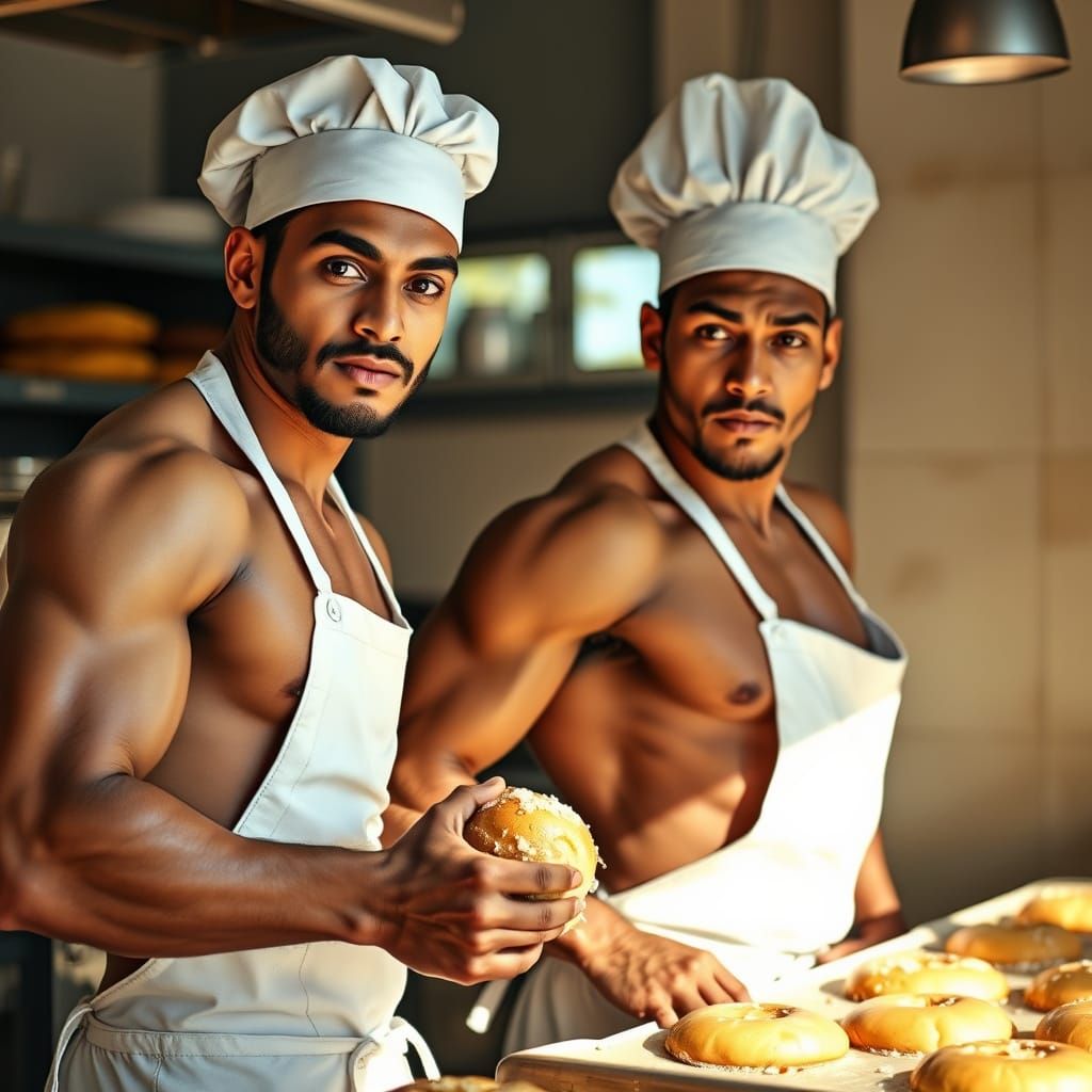 Muscular Chefs Baking Buns in Sunny Bakery