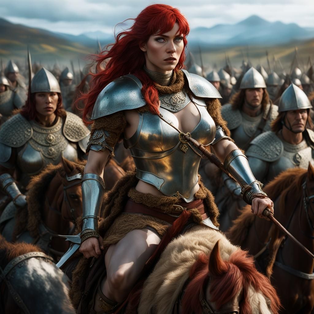 Red Sonja Leads Army on Horseback: Hyperrealistic Photo