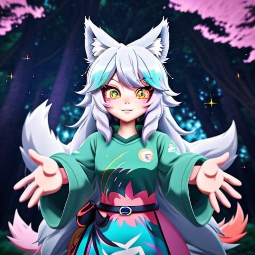 Chibi Wolf Girl Running Through Forest: Anime Style