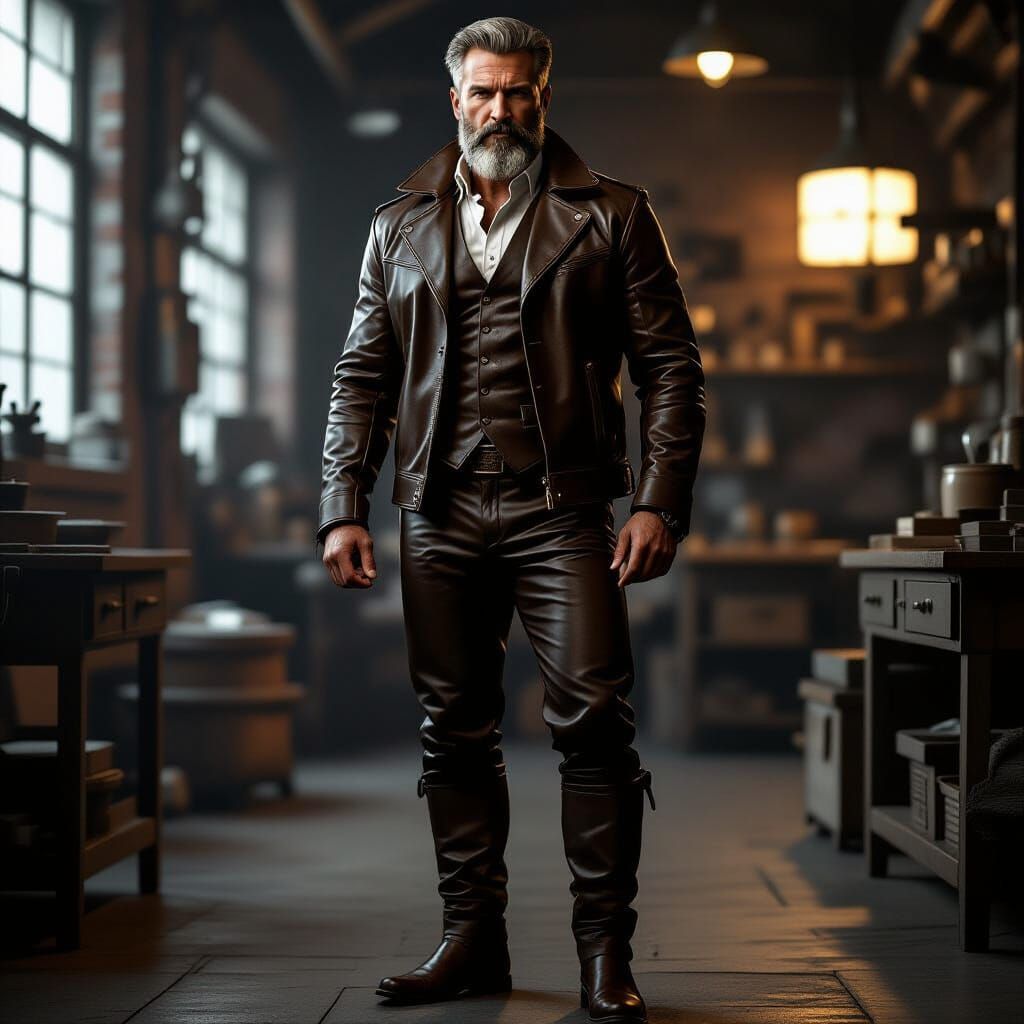 Leather-Clad Man in Dim Workshop, Cinematic Realism