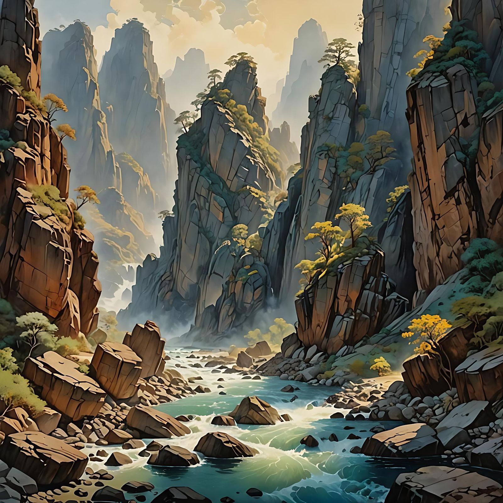 Enchanting Craggy Landscape in Watercolor Style