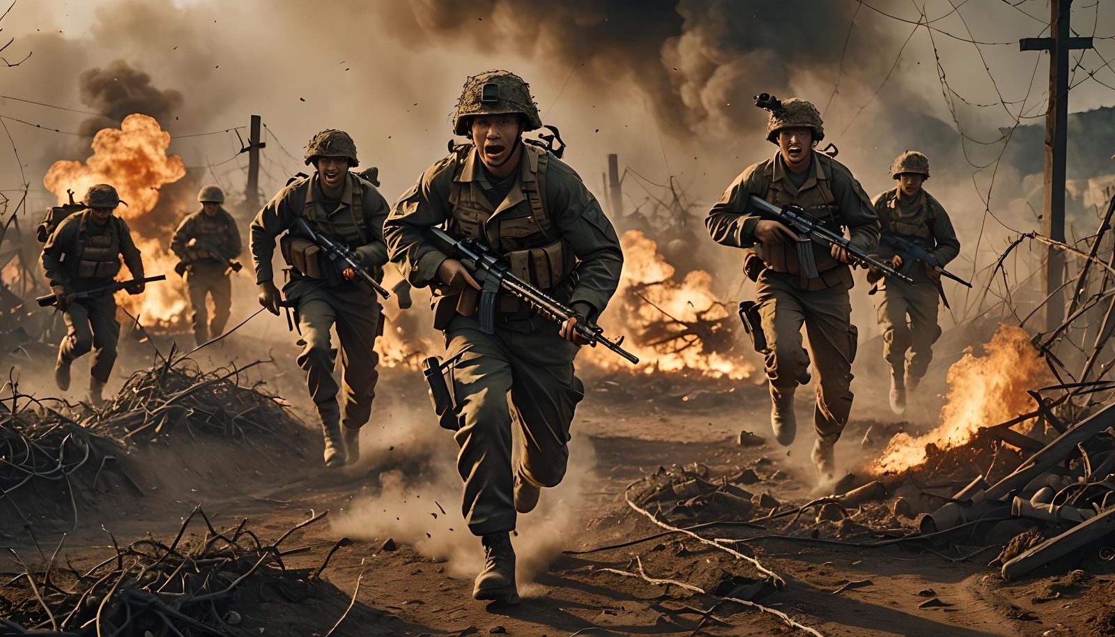 Hyperrealistic Soldiers Fleeing on Battlefield in 1940