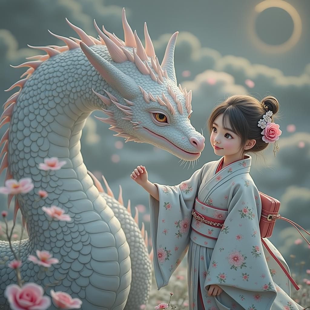 Ethereal Girl and Opal Dragon in Anime Style