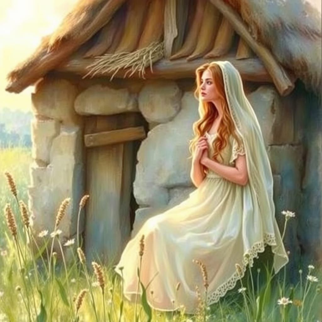 Maiden Appears with First Lark Song in Watercolor Style