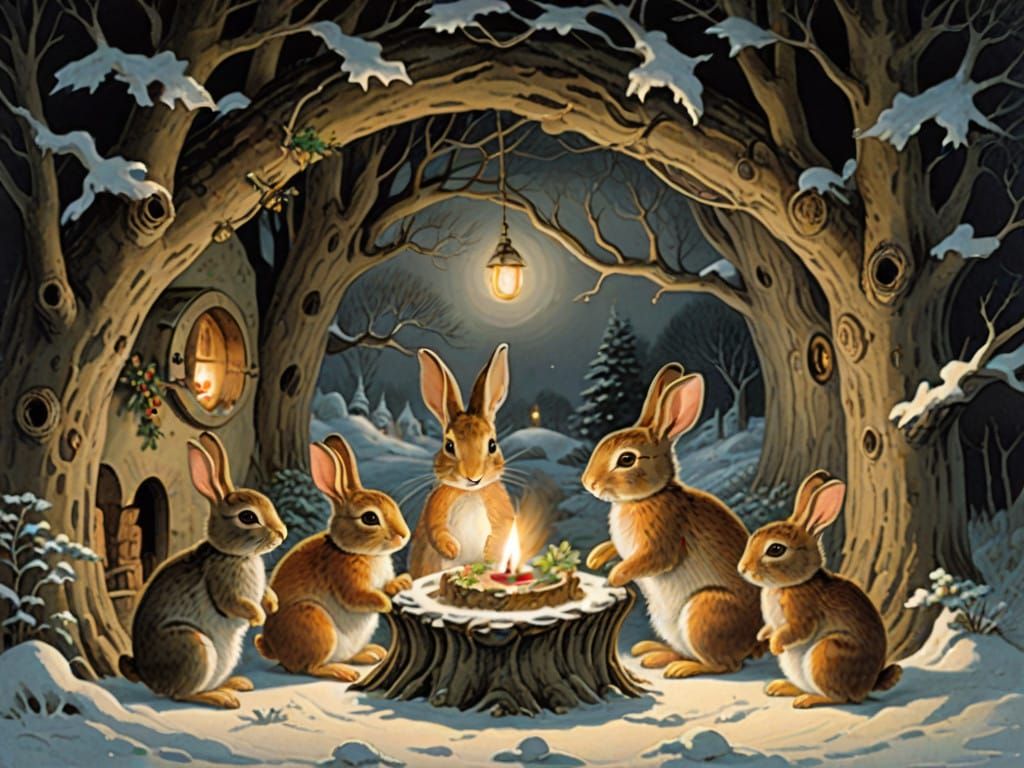 Rabbits Cozy in Hollow Tree by a Dim Candle