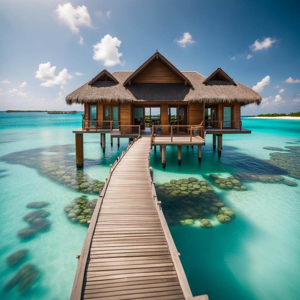 Maldives Bungalow with Dolphins in Turquoise Water