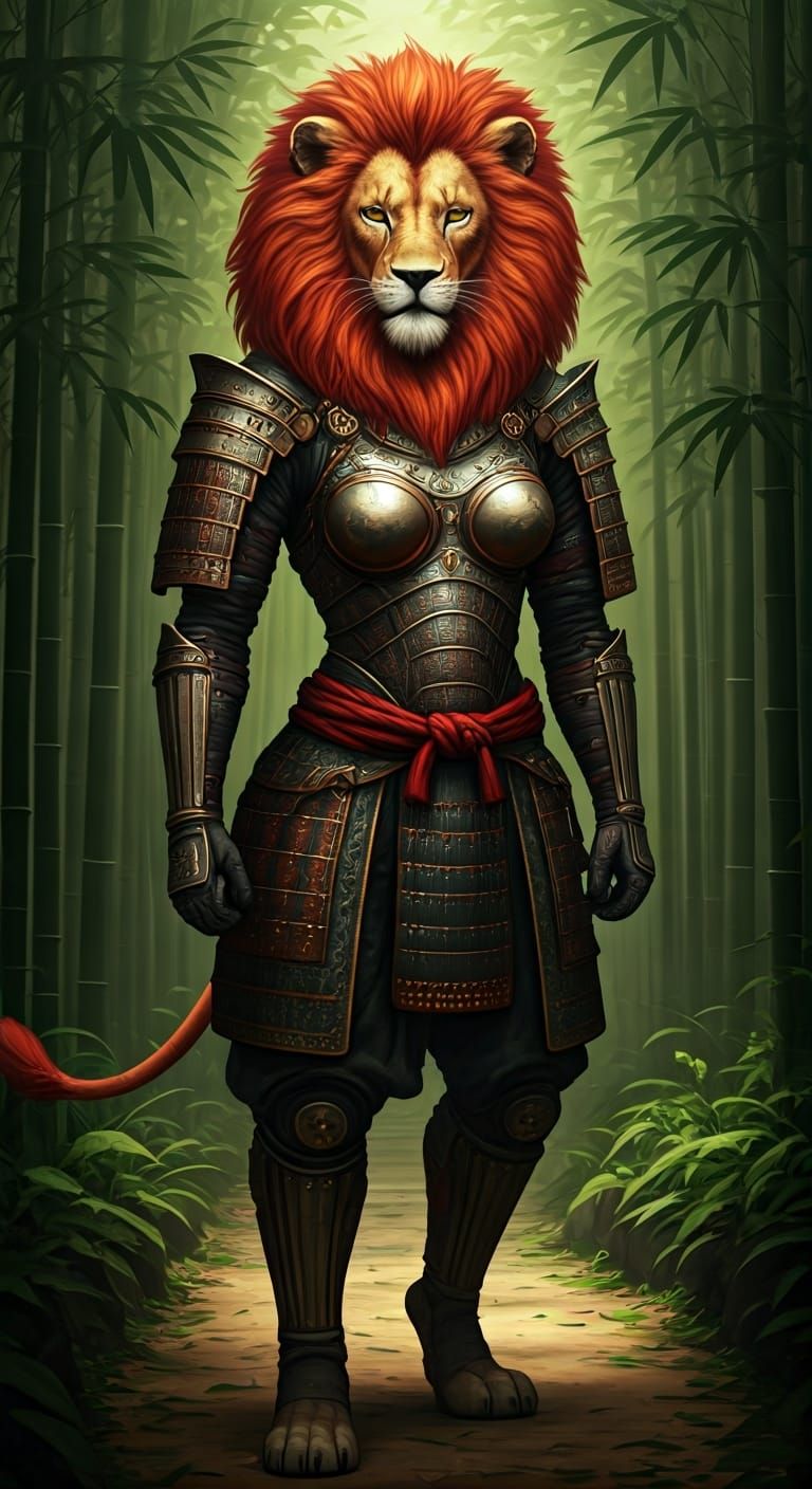 Lion-Woman Samurai in Bamboo Forest
