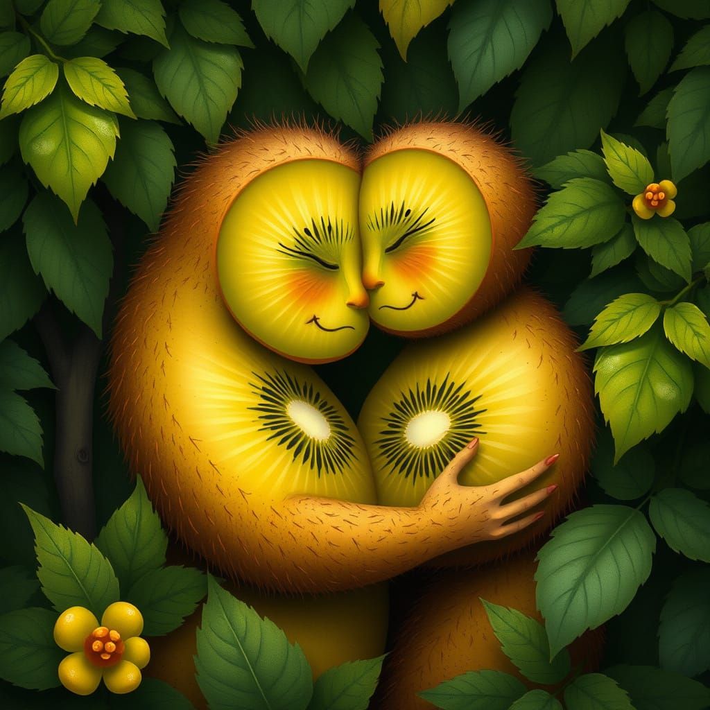 Kiwi Fruit Couple in Whimsical Embrace